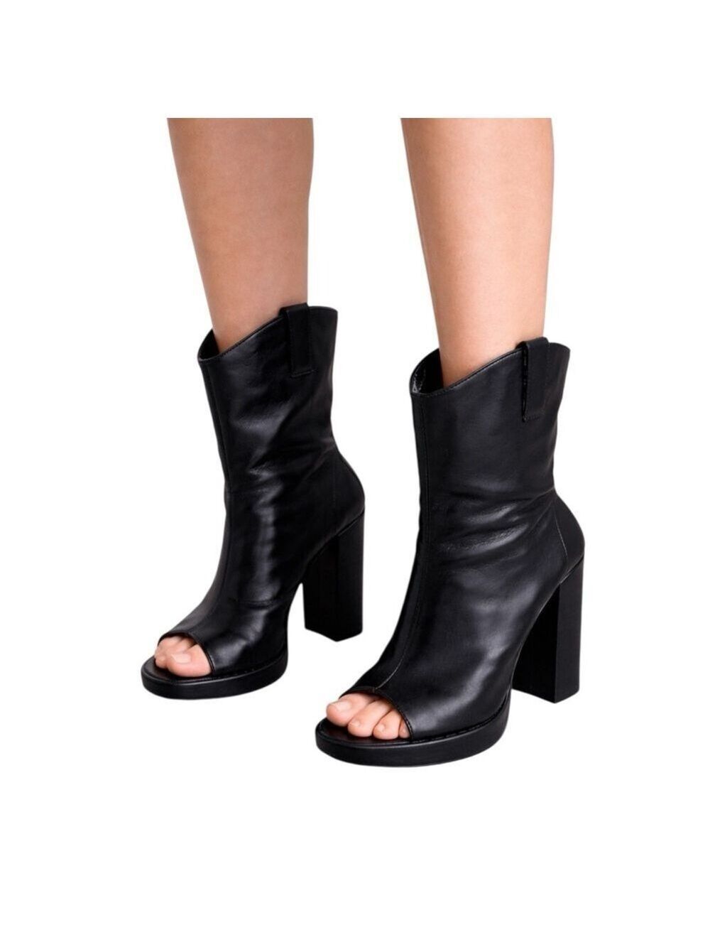 ZARA Woman Black Leather Cut-Out Peep Toe High Heel Booties Size 38 / US 7.5